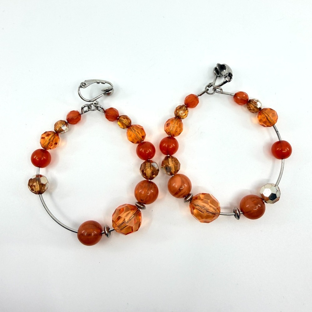 Vibrant Orange Beaded Hoop Clip-On Earrings - Statement Festival Jewelry